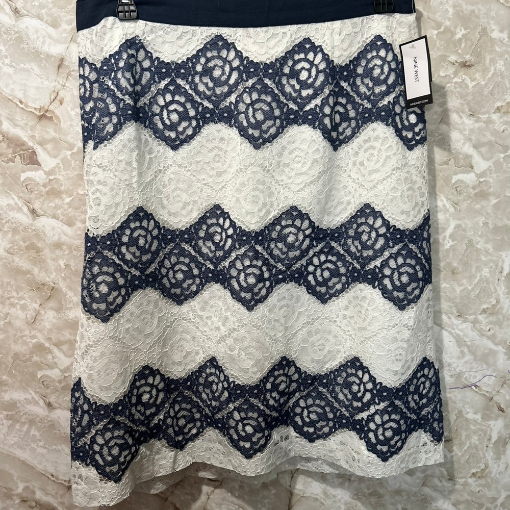 Nine West Pencil Skirt Navy‎ Ivory Lace Overlay Classic Career 14W